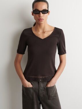 NWT COS (size XL) LACE-TRIMMED RIBBED V-NECK T-SHIRT